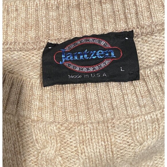 Vtg Jantzen USA Wool Blend Cable Knit Sweater L Beige Pullover Unisex Cozy - Picture 4 of 5